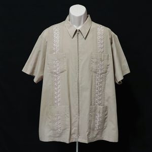 The Genuine Haband Guayabera Men's Shirt XL Zip Front Tan 4 Pocket Embroidered